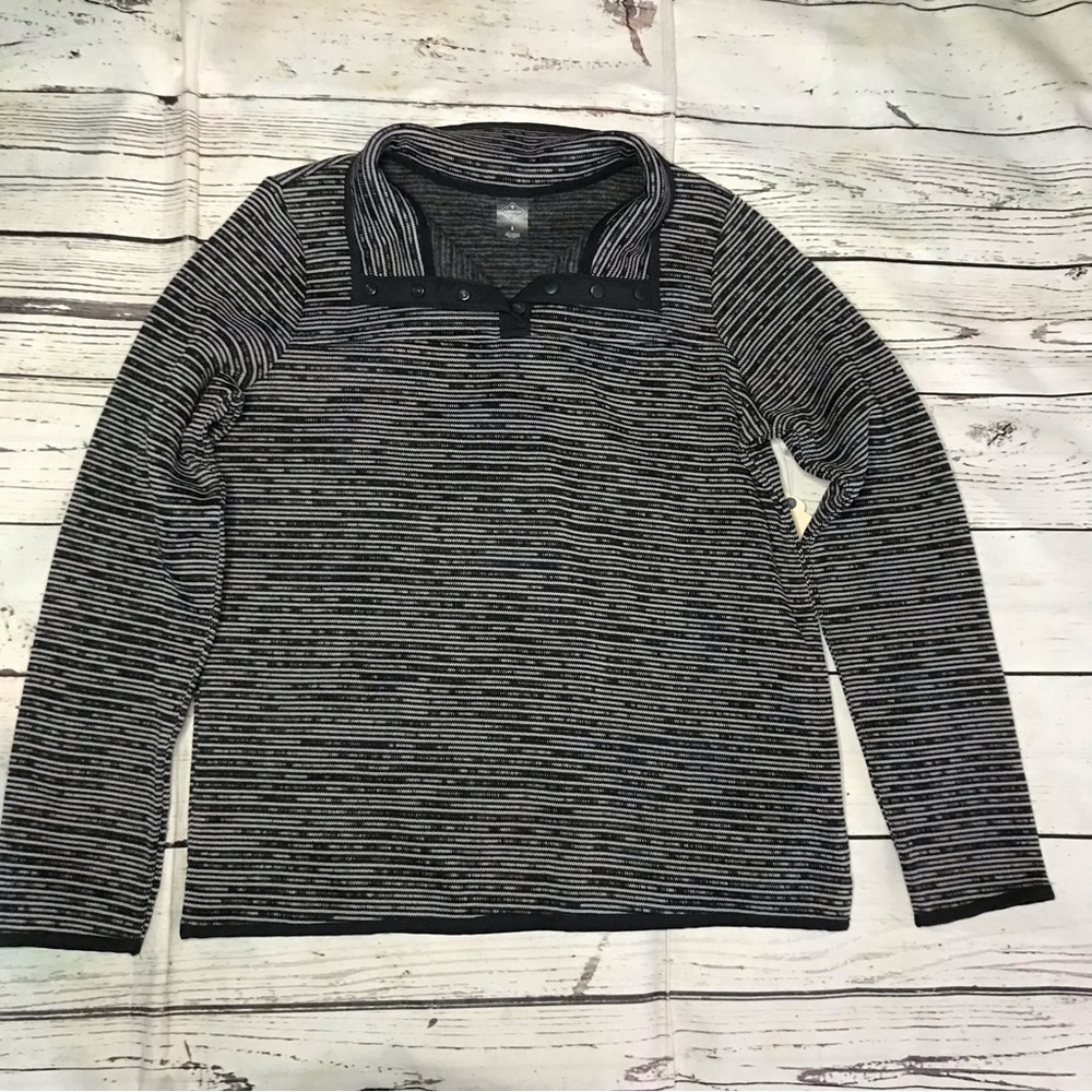 St. John's Bay Charcoal Strip 4 Snap Neck Long Sleeve Poly Fleece Shirt S